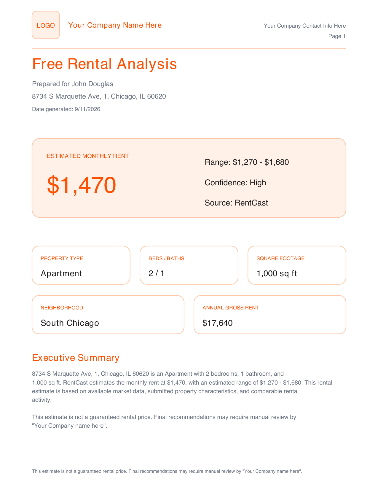 First page preview of the LinkinGrowth sample rental analysis report